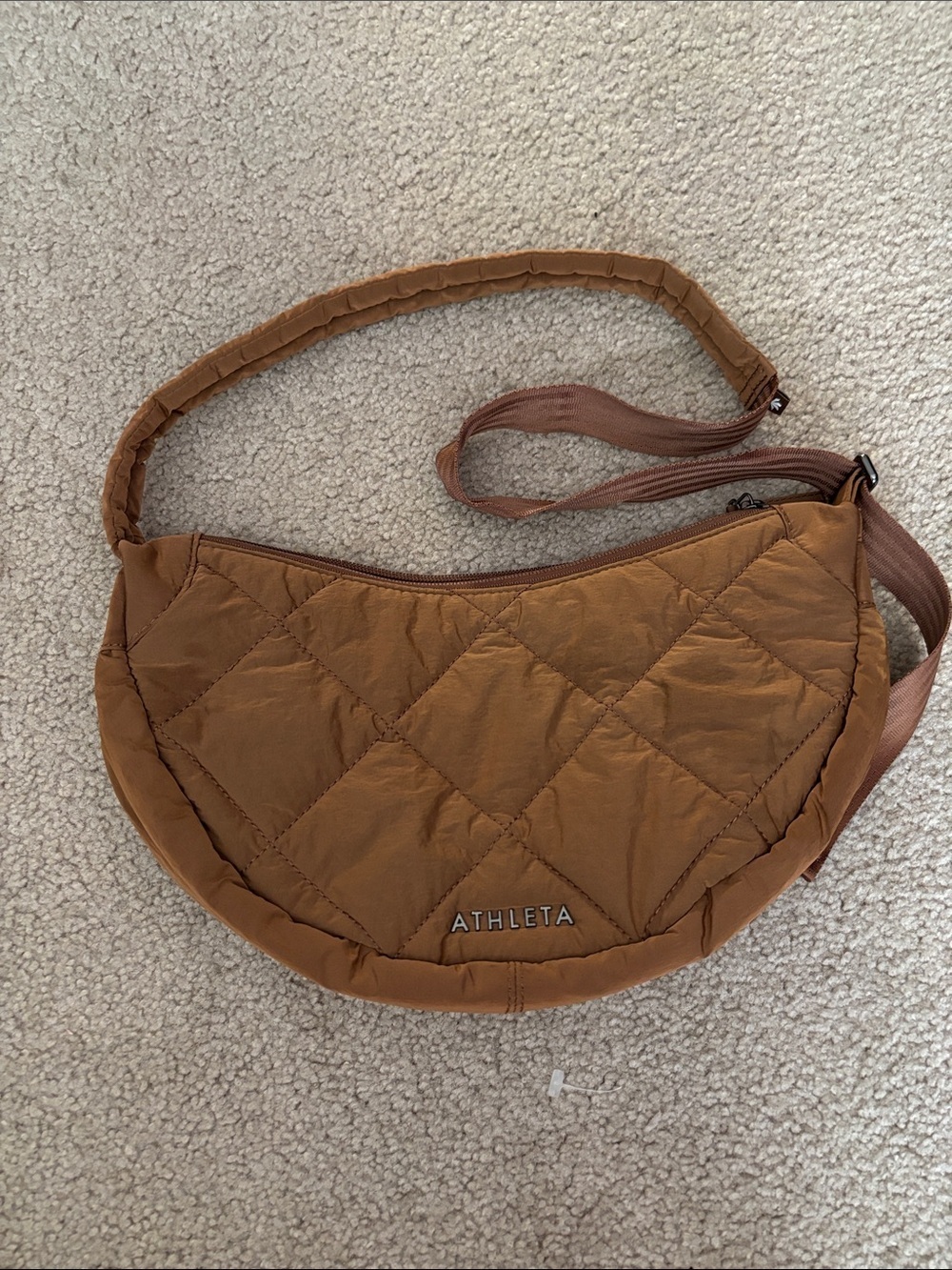 Athleta Quilted Crescent Crossbody in Rust Brown